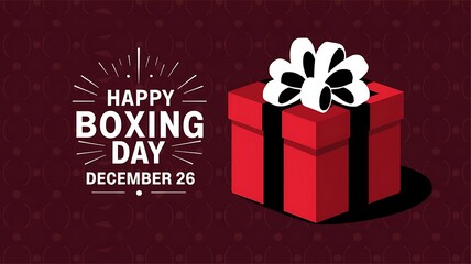 A red gift box with a black ribbon on a dark red background with the text HAPPY BOXING DAY DECEMBER 26, created with generative ai