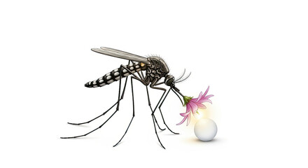 Naklejka premium A mosquito drinks nectar from a flower with a white sphere behind it on a white background in a drawing