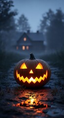 Spooky jack o lantern glowing on wet ground at dusk