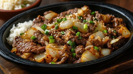Fototapeta premium Sizzling Beef Dish with Onions and Rice in a Cast Iron Plate