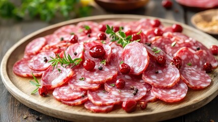 Sliced Salami with Fresh Herbs and Berries on a Wooden Platter