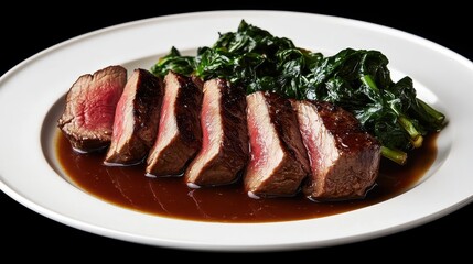 Sliced Steak with Fresh Greens and Savory Sauce on White Plate