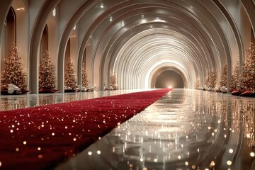 Obraz premium Festive hall decorated with Christmas trees and a glowing pathway in a luxurious setting during the holiday season