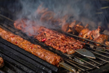 Beef Adana or kefta kebabs cooking over charcoal, in Istanbul, Turkey