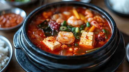 Spicy Korean Seafood Stew with Tofu and Vegetables in Black Pot