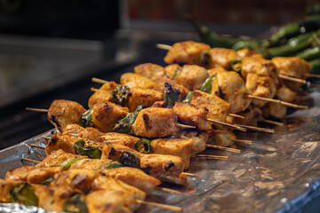 Grilled chicken kebabs, ready to be served in a restaurant in Istanbul, Turkey