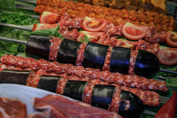 Turkish ground meat eggplant kebabs for purchase, restaurant in Istanbul, Turkey