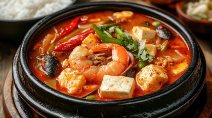 Spicy Seafood Hot Pot with Shrimp Tofu and Fresh Vegetables