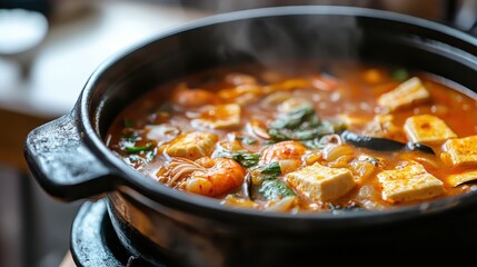Spicy Seafood Stew with Shrimp, Tofu, and Fresh Vegetables in Bowl
