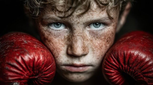 Young boxer preparing for a match with determination in his eyes and gloves resting on his cheeks