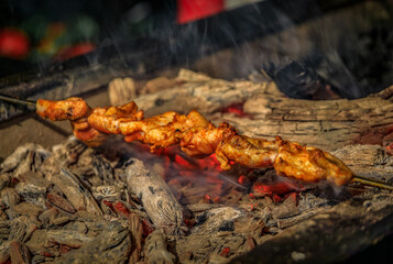 A traditional Turkish chicken shish kebab cooks over charcoal, Istanbul Turkey