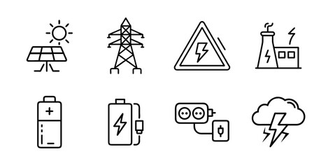 Electricity icon set with lightning bolt, plug, socket, power plant, voltage warning, energy battery, transmission tower, flat style
