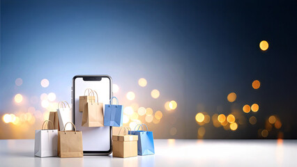 3D render mockup of a modern smartphone with floating shopping bags, credit cards, and parcel boxes. Ideal for illustrating online shopping, digital payments, and e-commerce platform interfaces