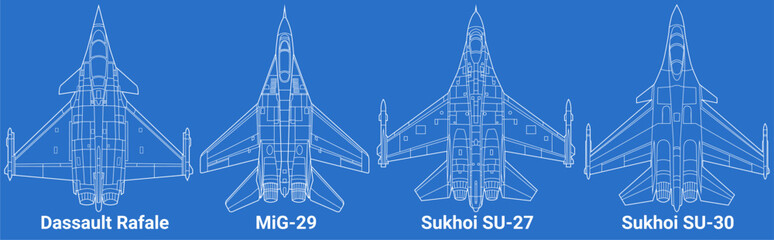 Set of 4th-generation fighter jet in blueprint style from top view. Vector illustrations dassault rafale, mig 29, su 27, su 30 fighter jet. Various military combat aircraft design from fourth gen.
