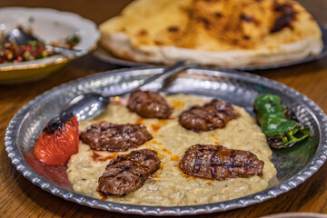 Kofta meatballs with roasted vegetables and pita bread, Istanbul, Turkey