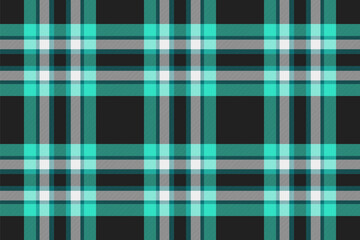 Classic plaid pattern with teal, gray, and white stripes on a dark background. Use for textile designs, backgrounds, fashion, or festive presentations.