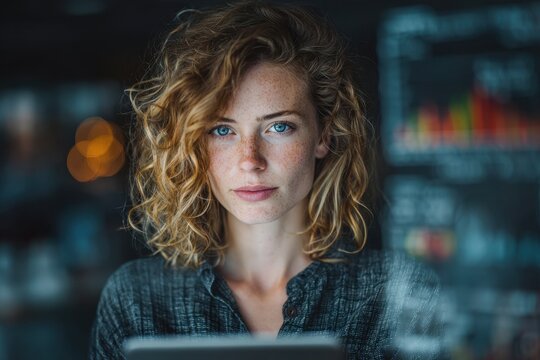 Young woman with glasses using a tablet in front of a stock market data screen late in the evening, analyzing investments