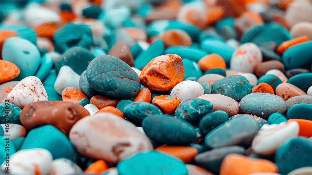 Poster Vibrant Stones in Harmony: A close-up image showcases an artful array of colorful, smooth stones, creating a captivating textural experience.