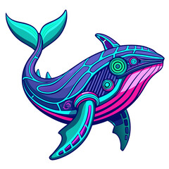 Cyberpunk Whale: Neon Biomechanical Aquatic Creature, Vibrant Vector Illustration