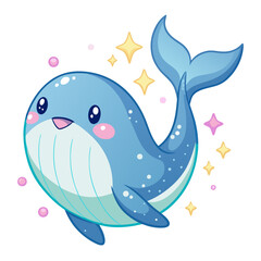 Adorable Cartoon Whale, Kawaii Style, Magical Ocean Scene, Whimsical Illustration, Happy Aquatic Animal