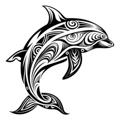 Ornate Black and White Dolphin Tattoo Design; Leaping Marine Mammal; Tribal Style Illustration