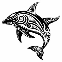 Orca Whale Tribal Tattoo Design: Black Ink, Swirling Pattern, Powerful Aquatic Mammal Illustration