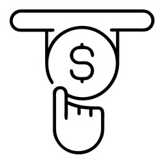 Coin slot icon with hand pressing dollar coin in simple outline style  