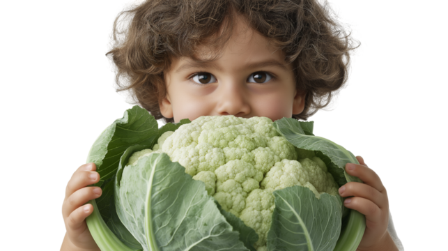Boy with sparkling eyes lifts a massive cauliflower, showcasing joy and wonder in a bright setting