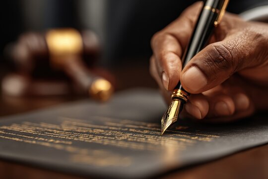 Lawyer writes letter using fountain pen on wooden desk at law office in daytime - Powered by Adobe