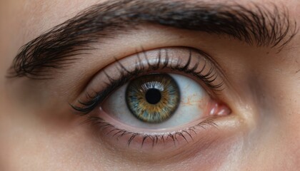 Macro shot of human eye with brown blue iris. Detailed view of eyelashes, eyebrow, skin texture. Focus on vision, beauty, natural look. Makeup application visible on lashes.