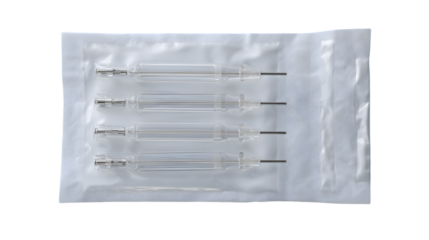 A close up view of four disposable syringes in a sterile package ready for medical use or laboratory work