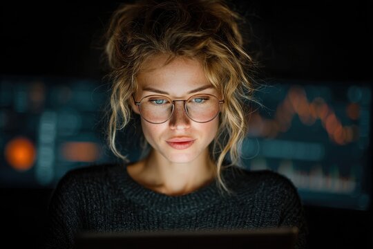 Young woman with glasses using a tablet in front of a stock market data screen late in the evening, analyzing investments - Powered by Adobe