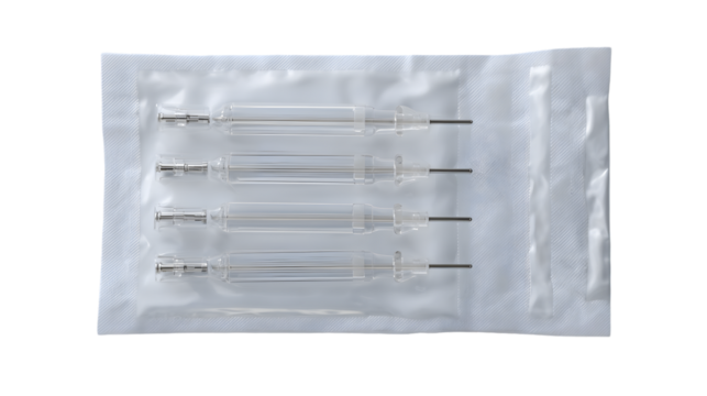 A close up view of four disposable syringes in a sterile package ready for medical use or laboratory work