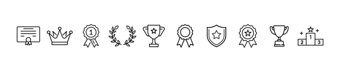 Awards icon set with trophy, medal, badge, ribbon, certificate, winner cup, star award, crown, flat vector illustration