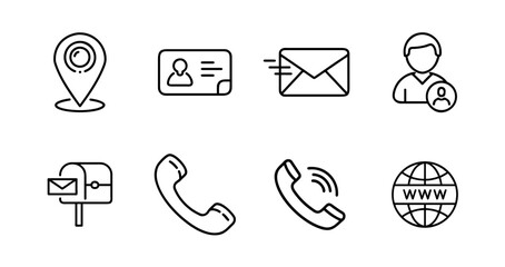 Business card icon set with contact information, name, address, phone, email, website, location, and communication symbols, modern flat style