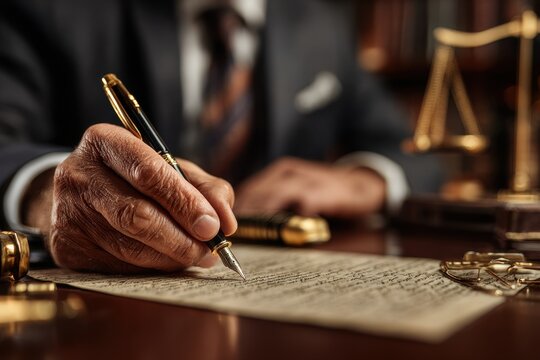 Lawyer writes letter using fountain pen on wooden desk at law office in daytime - Powered by Adobe