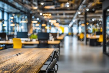 Empty, modern coworking space in the afternoon with lights and wooden desks for rent