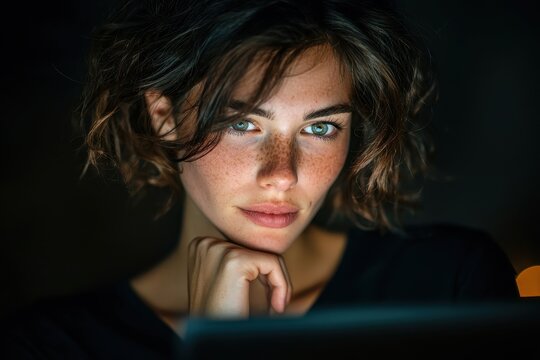 Young woman with glasses using a tablet in front of a stock market data screen late in the evening, analyzing investments