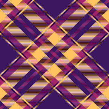 Vibrant diagonal plaid pattern in purple, yellow, and pink hues.  Perfect for textile design, fashion, or website backgrounds.  This modern, geometric design evokes warmth and style.