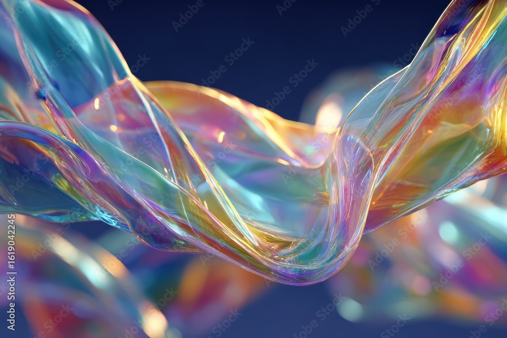 Poster iridescent abstract waves reflecting light with holographic colors creating a flowing, glossy, and c