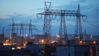 Industrial power transmission towers dominate urban skyline at dusk. Electric pylons carry wires across city, forming complex network. City lights and bokeh effect create modern, energetic atmosphere.