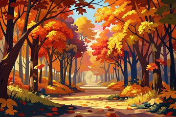 vector of The canopy of autumn foliage in the forest changes color with the changing seasons, revealing the passage of time across the landscape.