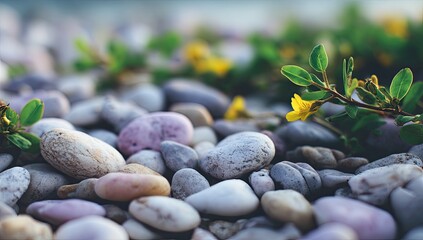 Coastal pebbles, yellow flowers, tranquil beach scene, nature backdrop, serenity