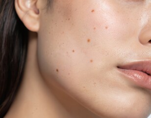 Obraz premium Close-up of Asian woman cheek with natural skin moles and brown spots. Focus on delicate skin texture and beauty. Makeup highlights lips, showcasing skincare and natural beauty.