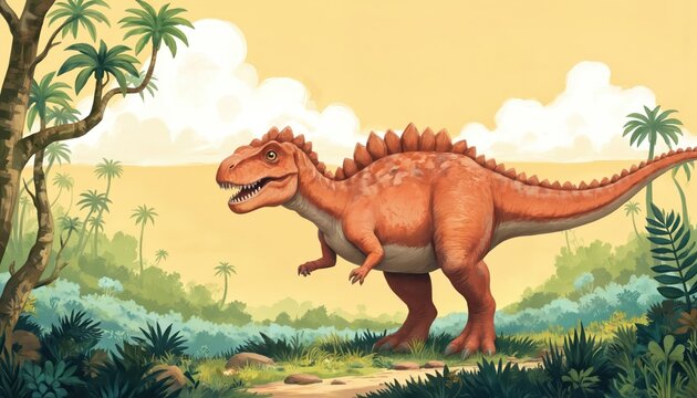 Charming illustration of friendly orange dinosaur in rich prehistoric jungle with vibrant green plants, palm trees. Sky warm yellow with soft clouds. Dirt path leads through fantasy landscape,