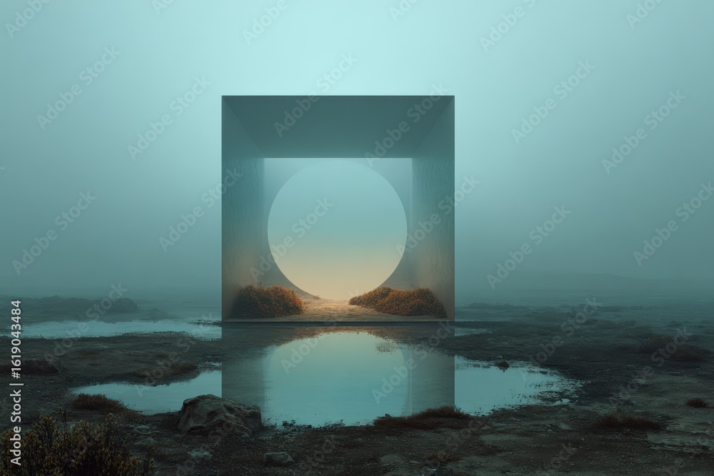 Poster abstract cube structure on a grassy field under a large circle in moody lighting, possibly taken dur