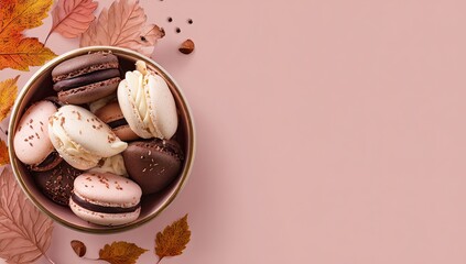 Autumn macarons in bowl, pink background, fall leaves.  Recipe blog, website