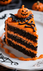 Close-up detail with a macro lens of one section. A slice of layer cake on a plate is decorated aesthetically and luxuriously. Use Halloween colors for the layer cake.