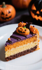 Close-up detail with a macro lens of one section. A slice of layer cake on a plate is decorated aesthetically and luxuriously. Use Halloween colors for the layer cake.