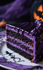 Close-up detail with a macro lens of one section. A slice of layer cake on a plate is decorated aesthetically and luxuriously. Use Halloween colors for the layer cake.